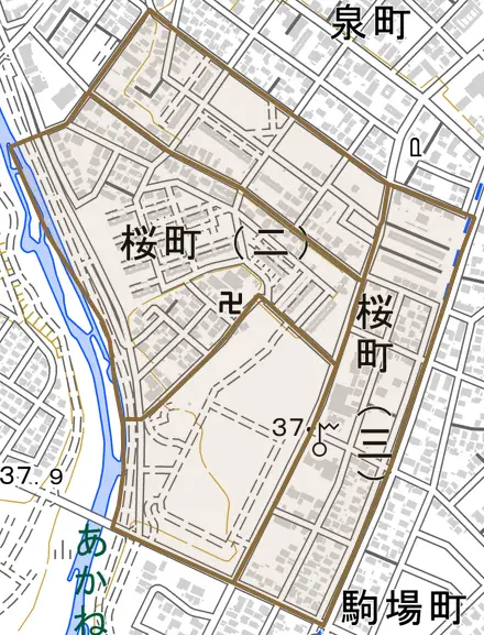 桜町とその周辺の地図。町の範囲を重ねている
