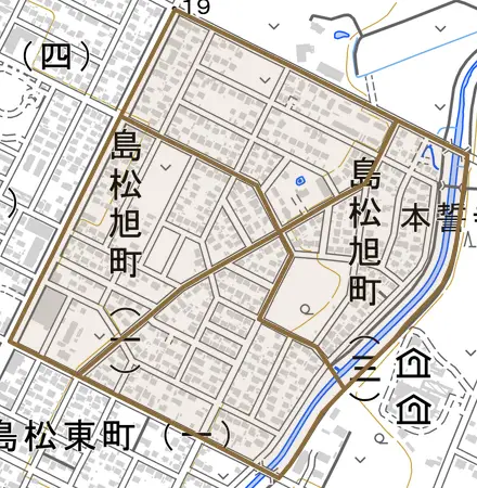島松旭町とその周辺の地図。町の範囲を重ねている