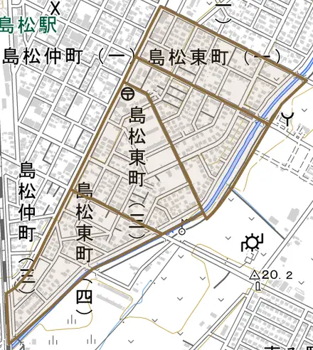 島松東町とその周辺の地図。町の範囲を重ねている