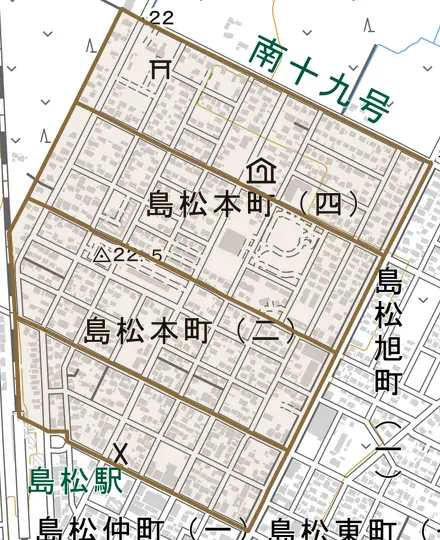 島松本町とその周辺の地図。町の範囲を重ねている