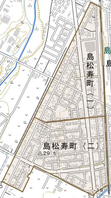 島松寿町とその周辺の地図。町の範囲を重ねている