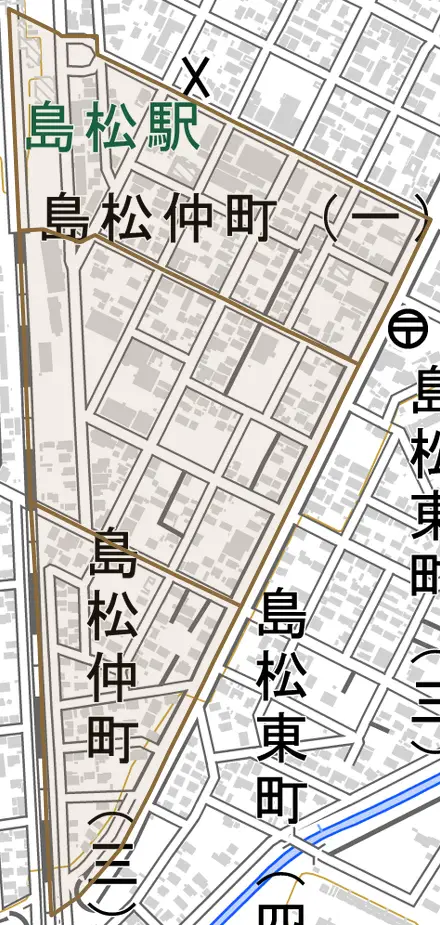 島松仲町とその周辺の地図。町の範囲を重ねている