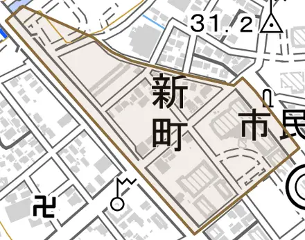 新町とその周辺の地図。町の範囲を重ねている