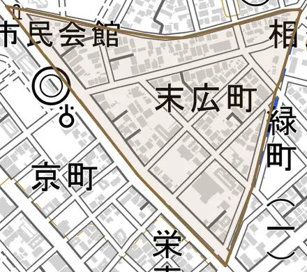 末広町とその周辺の地図。町の範囲を重ねている