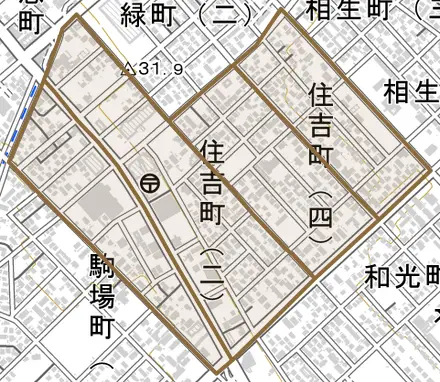 住吉町とその周辺の地図。町の範囲を重ねている