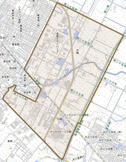 戸磯とその周辺の地図。町の範囲を重ねている