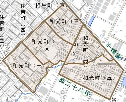 和光町とその周辺の地図。町の範囲を重ねている
