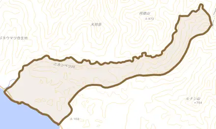 字近浦とその周辺の地図。町の範囲を重ねている