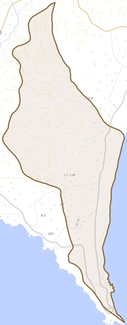 字えりも岬とその周辺の地図。町の範囲を重ねている