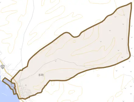 字本町とその周辺の地図。町の範囲を重ねている