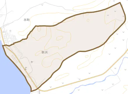 字新浜とその周辺の地図。町の範囲を重ねている