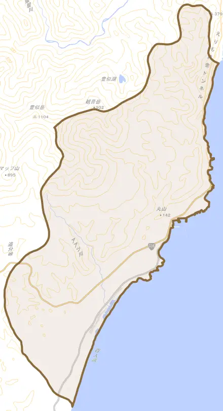字庶野とその周辺の地図。町の範囲を重ねている