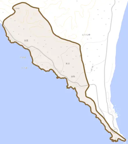 字東洋とその周辺の地図。町の範囲を重ねている
