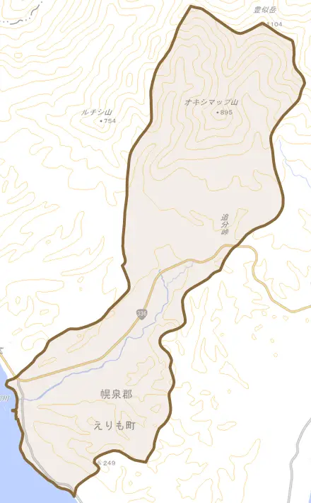 字歌別とその周辺の地図。町の範囲を重ねている