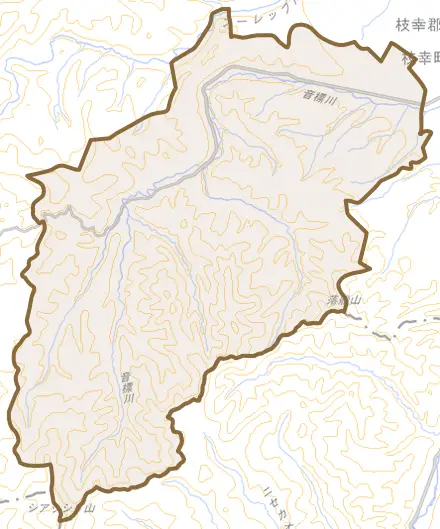 上音標とその周辺の地図。町の範囲を重ねている