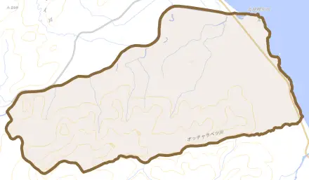 岡島とその周辺の地図。町の範囲を重ねている