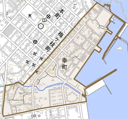 幸町とその周辺の地図。町の範囲を重ねている