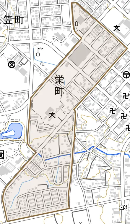 栄町とその周辺の地図。町の範囲を重ねている