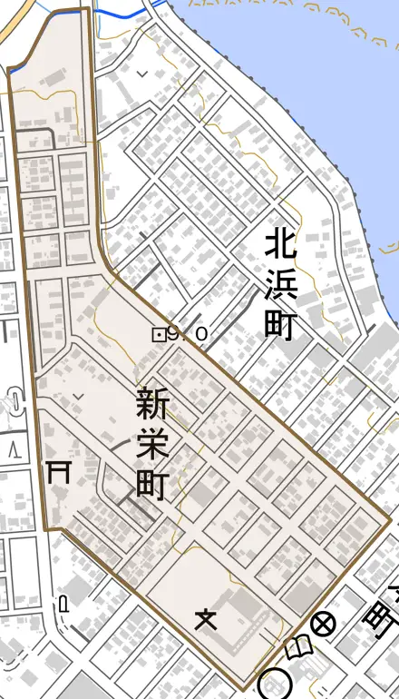 新栄町とその周辺の地図。町の範囲を重ねている