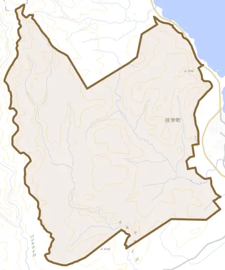 宇遠内とその周辺の地図。町の範囲を重ねている