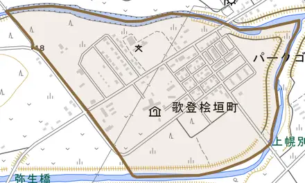 歌登桧垣町とその周辺の地図。町の範囲を重ねている
