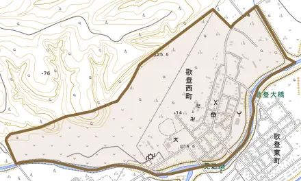 歌登西町とその周辺の地図。町の範囲を重ねている
