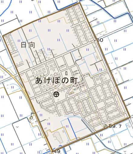 あけぼの町とその周辺の地図。町の範囲を重ねている