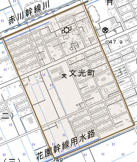 文光町とその周辺の地図。町の範囲を重ねている