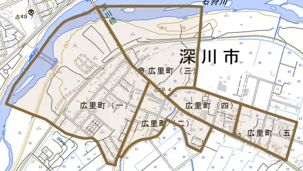 広里町とその周辺の地図。町の範囲を重ねている