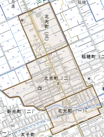北光町とその周辺の地図。町の範囲を重ねている