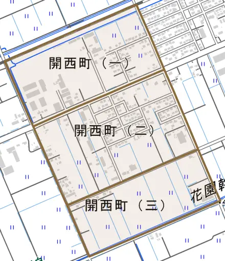 開西町とその周辺の地図。町の範囲を重ねている