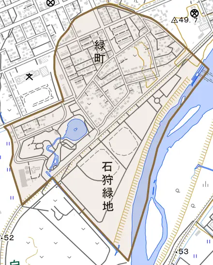 緑町とその周辺の地図。町の範囲を重ねている
