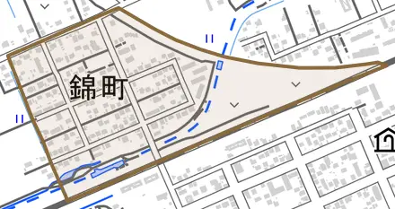 錦町とその周辺の地図。町の範囲を重ねている