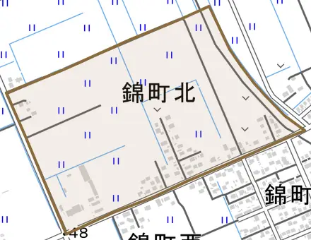 錦町北とその周辺の地図。町の範囲を重ねている