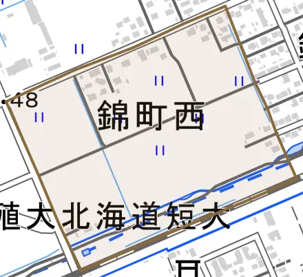 錦町西とその周辺の地図。町の範囲を重ねている