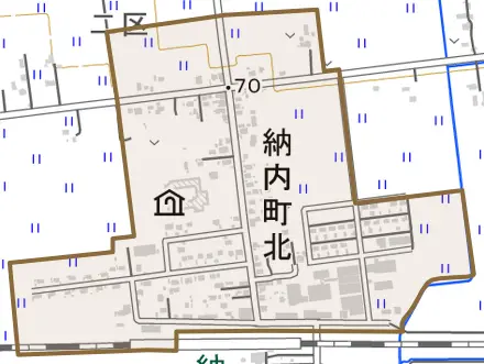 納内町北とその周辺の地図。町の範囲を重ねている