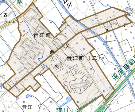 音江町とその周辺の地図。町の範囲を重ねている