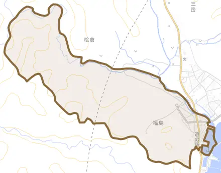 字福島とその周辺の地図。町の範囲を重ねている