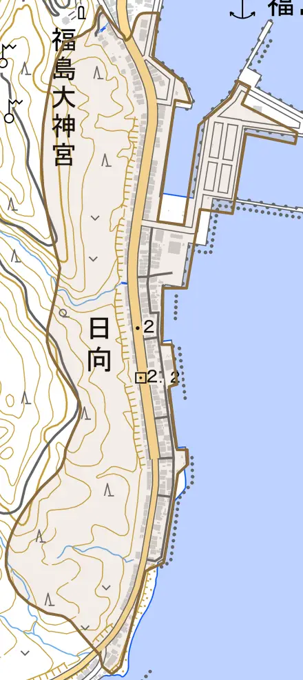 字日向とその周辺の地図。町の範囲を重ねている