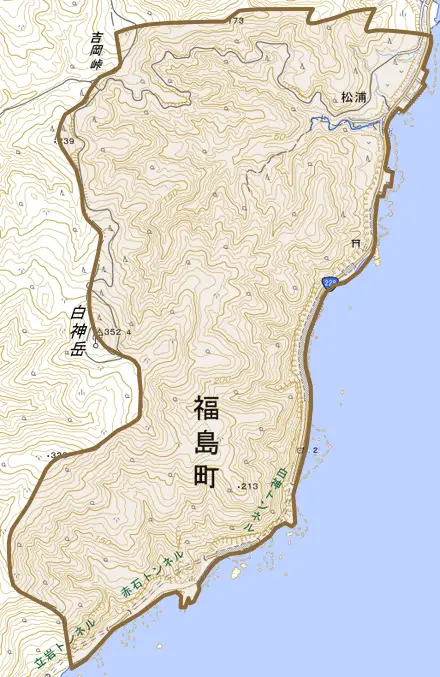 字松浦とその周辺の地図。町の範囲を重ねている