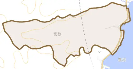 字宮歌とその周辺の地図。町の範囲を重ねている