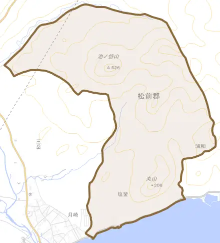 字塩釜とその周辺の地図。町の範囲を重ねている
