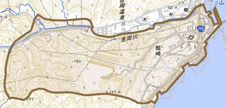 字館崎とその周辺の地図。町の範囲を重ねている