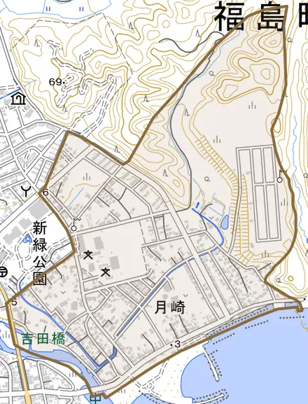 字月崎とその周辺の地図。町の範囲を重ねている