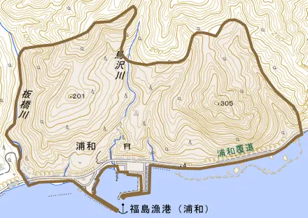 字浦和とその周辺の地図。町の範囲を重ねている