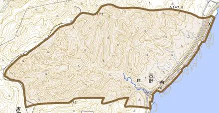 字吉野とその周辺の地図。町の範囲を重ねている