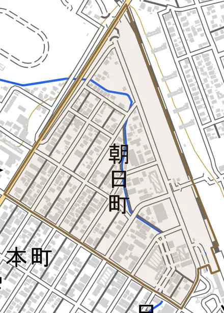 朝日町とその周辺の地図。町の範囲を重ねている