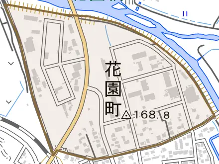 花園町とその周辺の地図。町の範囲を重ねている