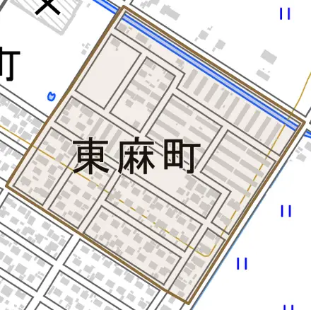 東麻町とその周辺の地図。町の範囲を重ねている