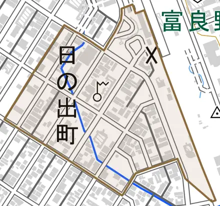 日の出町とその周辺の地図。町の範囲を重ねている